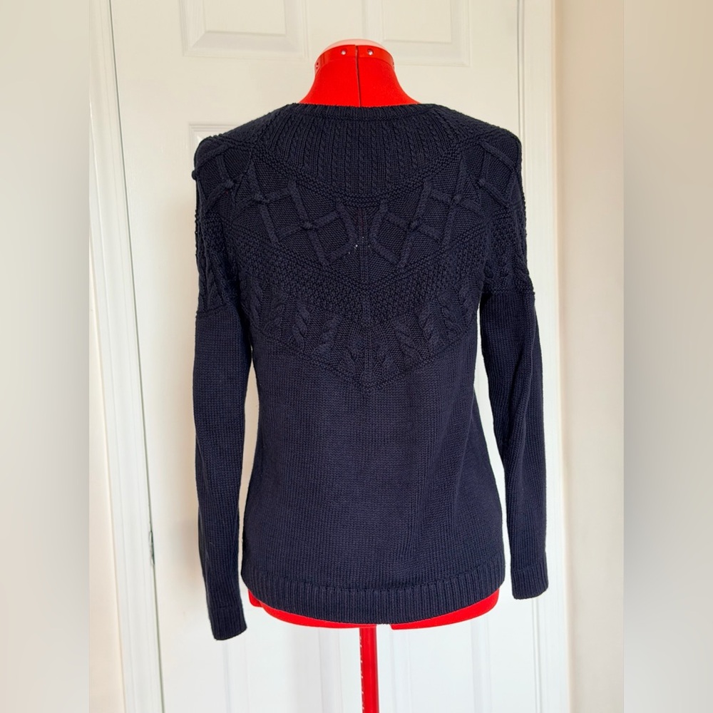 Talbots Petite Cable Knit Sweater Pullover Silk Cotton Blend Navy Blue PS - Picture 2 of 7